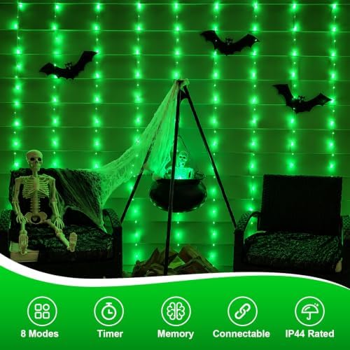 300 LED Green Curtain Lights, 9.8×9.8ft Halloween Curtain Lights with Plug in, 8 Modes Hanging String Lights for, alternate