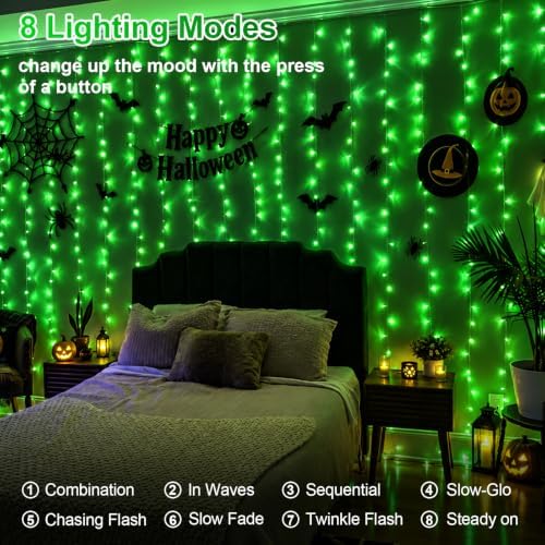 300 LED Green Curtain Lights, 9.8×9.8ft Halloween Curtain Lights with Plug in, 8 Modes Hanging String Lights for, alternate