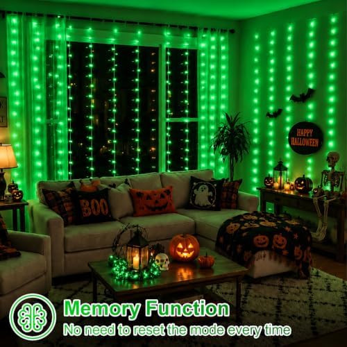 300 LED Green Curtain Lights, 9.8×9.8ft Halloween Curtain Lights with Plug in, 8 Modes Hanging String Lights for, alternate