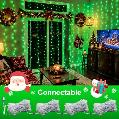 300 LED Green Curtain Lights, 9.8×9.8ft Halloween Curtain Lights with Plug in, 8 Modes Hanging String Lights for, alternate