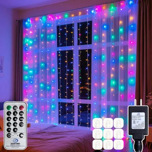 300 LED Multicolor Rainbow Curtain String Lights 9.8x9.8FT, Plug in Fairy Lights with 9 Hooks, Dimmable, Timer &