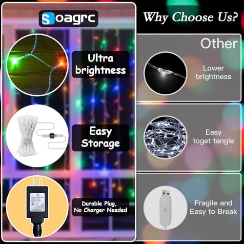300 LED Multicolor Rainbow Curtain String Lights 9.8x9.8FT, Plug in Fairy Lights with 9 Hooks, Dimmable, Timer &, alternate