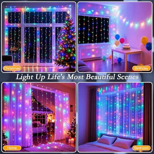 300 LED Multicolor Rainbow Curtain String Lights 9.8x9.8FT, Plug in Fairy Lights with 9 Hooks, Dimmable, Timer &, alternate