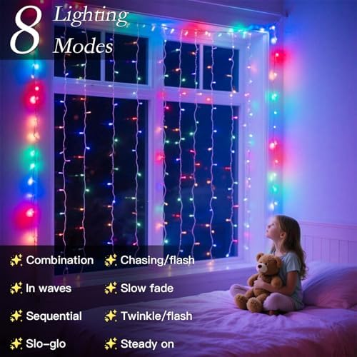 300 LED Multicolor Rainbow Curtain String Lights 9.8x9.8FT, Plug in Fairy Lights with 9 Hooks, Dimmable, Timer &, alternate