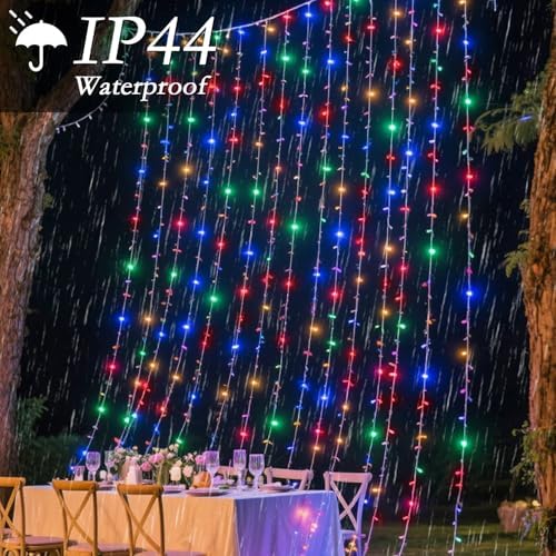 300 LED Multicolor Rainbow Curtain String Lights 9.8x9.8FT, Plug in Fairy Lights with 9 Hooks, Dimmable, Timer &, alternate