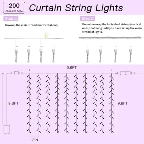 300 LED Multicolor Rainbow Curtain String Lights 9.8x9.8FT, Plug in Fairy Lights with 9 Hooks, Dimmable, Timer &, alternate