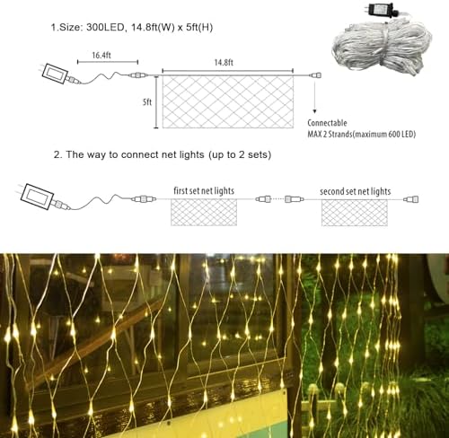300 LED Net Lights, 14.8ft x 5ft 8 Modes Christmas Outdoor Mesh Lights Connectable, Waterproof Decorative String, alternate