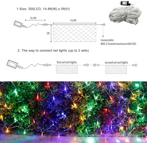 300 LED Net Lights for Bushes, 14.8ft x 5ft 8 Modes Christmas Outdoor Mesh Lights Connectable, Waterproof, alternate view 6