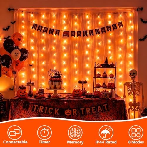 300 LED Orange Halloween Lights, Curtain Lights Plug in, 8 Modes Hanging String Lights for Bedroom Wall Window, alternate