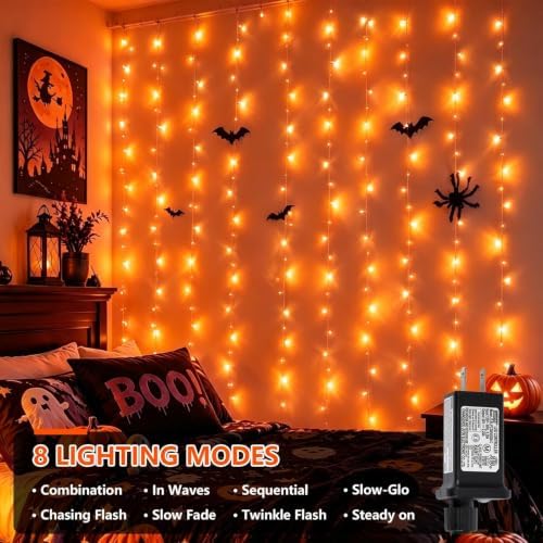 300 LED Orange Halloween Lights, Curtain Lights Plug in, 8 Modes Hanging String Lights for Bedroom Wall Window, alternate