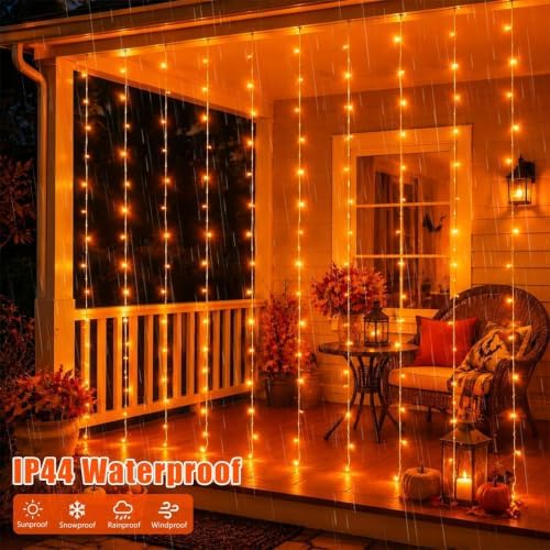 300 LED Orange Halloween Lights, Curtain Lights Plug in, 8 Modes Hanging String Lights for Bedroom Wall Window, alternate