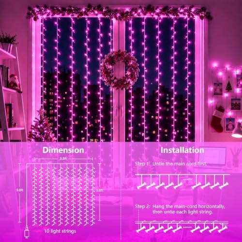 300 LED Pink Curtain Lights, 9.8×9.8ft Christmas Curtain Lights with Plug in, 8 Modes Hanging String Lights for, alternate