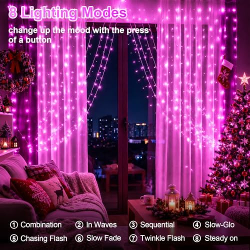 300 LED Pink Curtain Lights, 9.8×9.8ft Christmas Curtain Lights with Plug in, 8 Modes Hanging String Lights for, alternate