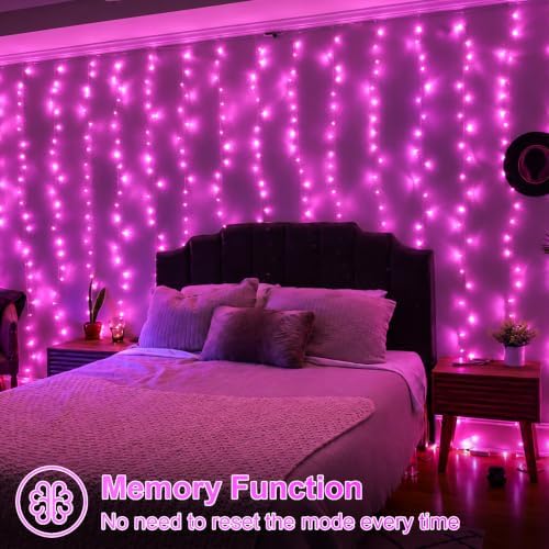 300 LED Pink Curtain Lights, 9.8×9.8ft Christmas Curtain Lights with Plug in, 8 Modes Hanging String Lights for, alternate