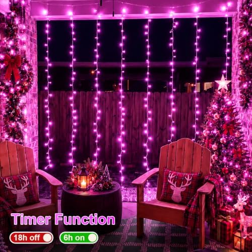 300 LED Pink Curtain Lights, 9.8×9.8ft Christmas Curtain Lights with Plug in, 8 Modes Hanging String Lights for, alternate