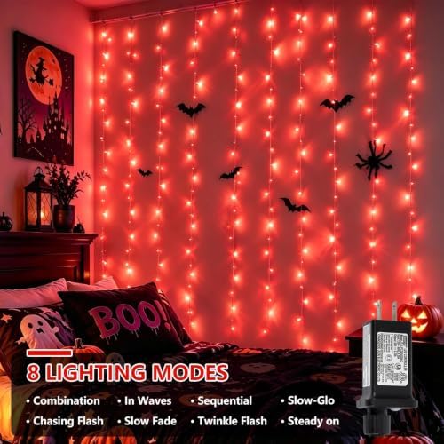 300 LED Red Halloween Lights, Curtain Lights Plug in, 8 Modes Hanging String Lights for Bedroom Wall Window, alternate view 3