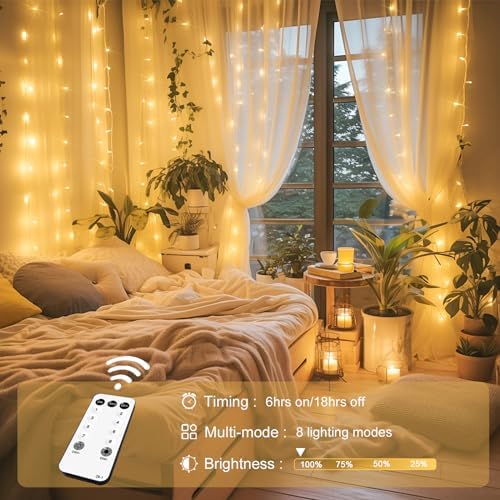 300 LED Remote Control Curtain Lights, Plug in Fairy Curtain Lights Outdoor, Window Wall Hanging String Lights, alternate