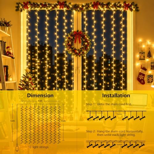300 LED Warm White Curtain Lights, 9.8×9.8ft Christmas Curtain Lights with Plug in, 8 Modes Hanging String, alternate view 3