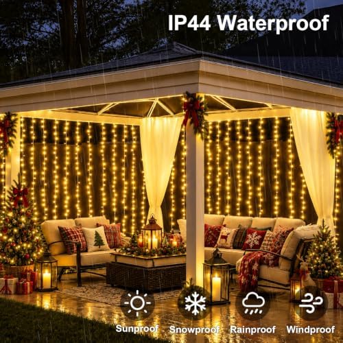 300 LED Warm White Curtain Lights, 9.8×9.8ft Christmas Curtain Lights with Plug in, 8 Modes Hanging String, alternate view 4