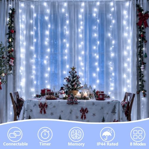 300 LED White Christmas Lights, Curtain Lights Plug in, 8 Modes Hanging String Lights for Bedroom Wall Window, alternate view