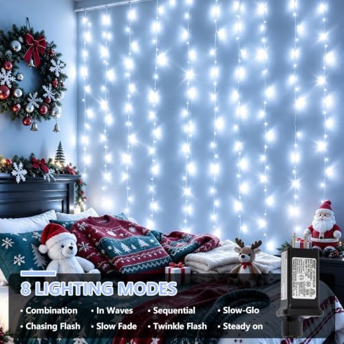 300 LED White Christmas Lights, Curtain Lights Plug in, 8 Modes Hanging String Lights for Bedroom Wall Window, alternate view