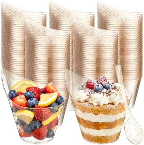 300 Pack 7 Oz Gold Glitter Clear Plastic Dessert Cups in 7 oz in Gold Glitter