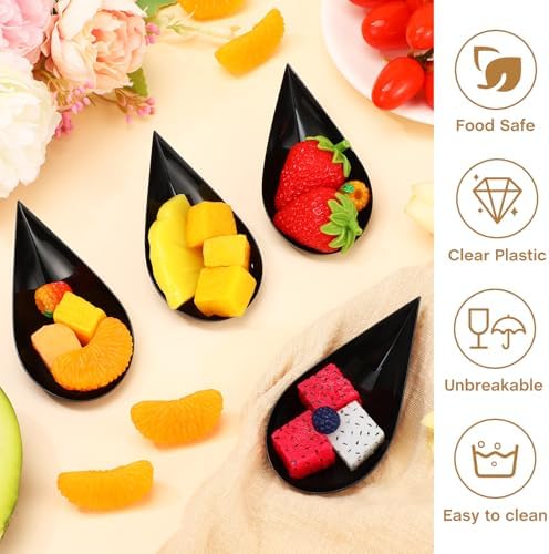 300 Pcs 4 in Plastic Appetizer Spoon Tear Drop Tasting Spoon, Black in 2 inches wide, 4 inches long and 0.5 inch, alternate