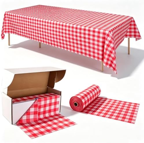 300FT x 54IN Red & White Checkered Tablecloth Roll with Slide Cutter Box in Red and White Checkered