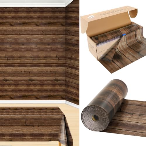 300FT x 54IN Wood Grain Plastic Tablecloth Roll with Slide Cutter Box