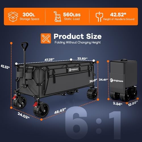 300L Collapsible Beach Wagon Cart with Big Wheels, 560lbs, Grey in Grey, alternate view 2