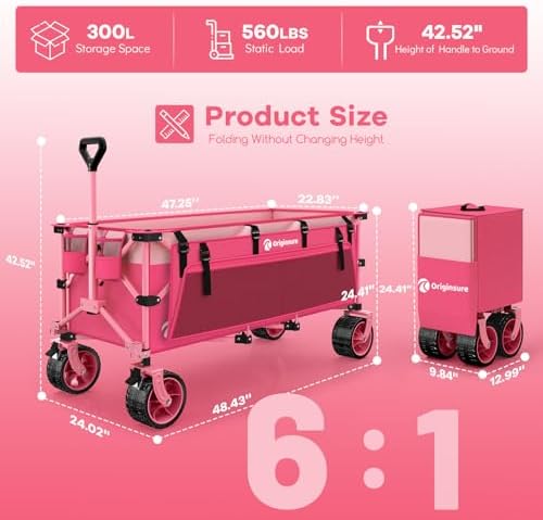 300L Collapsible Beach Wagon Cart with Big Wheels, 560lbs, Pink in Pink, alternate view 2