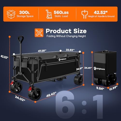 300L Foldable Beach Wagon Cart with Big Wheels,560lbs, Grey&Black, alternate view 2