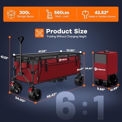 300L Foldable Beach Wagon Cart with Big Wheels, 560lbs, Grey&Red, alternate view 2