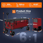 300L Foldable Beach Wagon Cart with Big Wheels, 560lbs, Grey&Red, alternate view 2