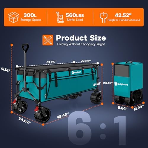 300L Foldable Beach Wagon Cart with Big Wheels,560lbs, Turquoise, alternate view 2