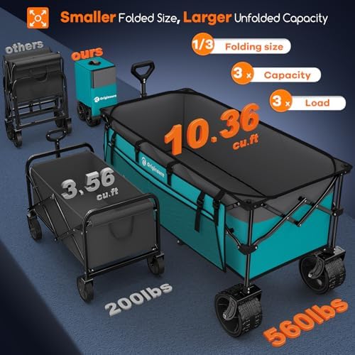 300L Foldable Beach Wagon Cart with Big Wheels,560lbs, Turquoise, alternate view 3