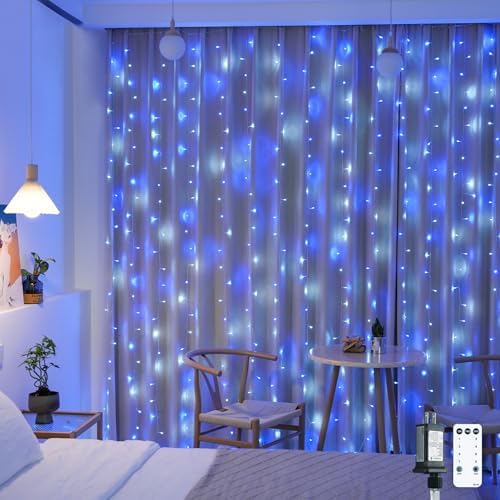 300LED Christmas Curtain Lights Plug in, Blue and White, 9.8x9.8ft in 9.8x9.8ft