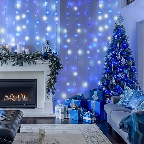 300LED Christmas Curtain Lights Plug in, Blue and White, 9.8x9.8ft in 9.8x9.8ft, alternate view 2