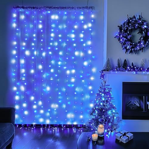 300LED Christmas Curtain Lights Plug in, Blue and White, 9.8x9.8ft in 9.8x9.8ft, alternate view 5