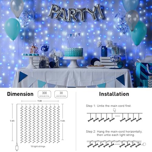 300LED Christmas Curtain Lights Plug in, Blue and White, 9.8x9.8ft in 9.8x9.8ft, alternate view 6