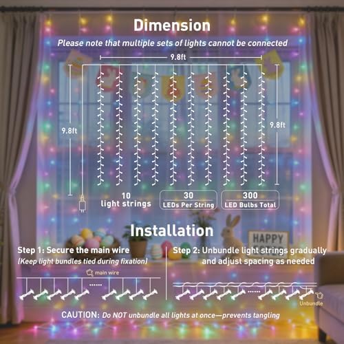 300LED Curtain Lights for Easter Decor, 9.8x9.8ft, Pastel in 9.8x9.8ft, alternate view 6