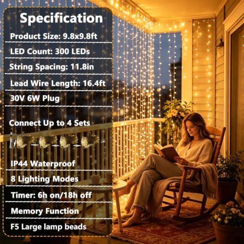 300LED Curtain Lights Plug in Curtain Fairy Lights for Bedroom in Warm White, alternate view 5
