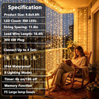 300LED Curtain Lights Plug in Curtain Fairy Lights for Bedroom in Warm White, alternate view 5