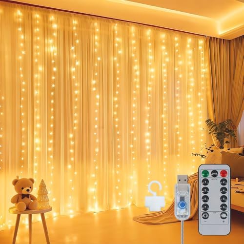 300LED Fairy Curtain Lights 9.8ft x 9.8ft LED Dimmable Twinkle Lights with Remote and Timer USB Plug in 8 Modes