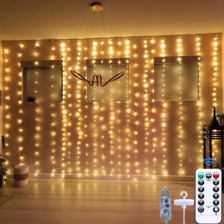 300LED Fairy Curtain Lights, 9.8x9.8Ft Warm White USB Plug in 8 Modes & Timer Christmas String Hanging Lights