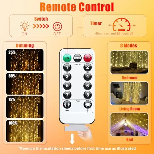 300LED Fairy Curtain Lights, 9.8x9.8Ft Warm White USB Plug in 8 Modes & Timer Christmas String Hanging Lights, alternate view