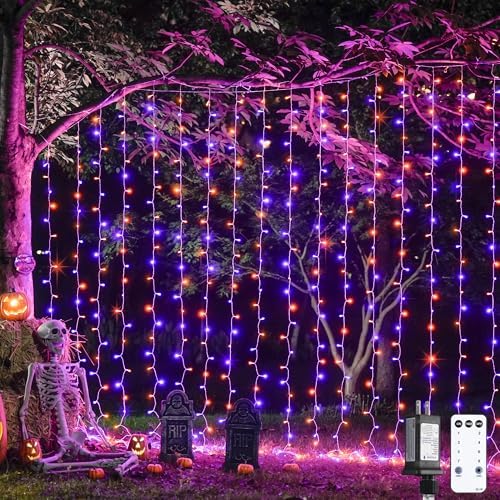300LED Halloween Curtain Lights, Orange and Purple, 9.8x9.8ft in 9.8x9.8ft