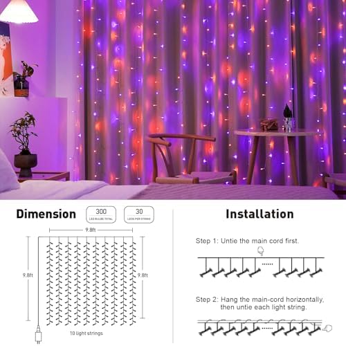 300LED Halloween Curtain Lights, Orange and Purple, 9.8x9.8ft in 9.8x9.8ft, alternate view 5