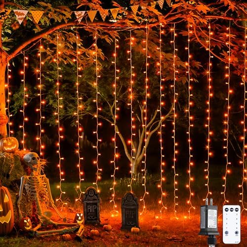 300LED Orange Halloween Curtain Lights with Remote, 9.8x9.8ft in 9.8x9.8ft