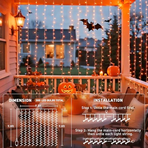 300LED Orange Halloween Curtain Lights with Remote, 9.8x9.8ft in 9.8x9.8ft, alternate view 6